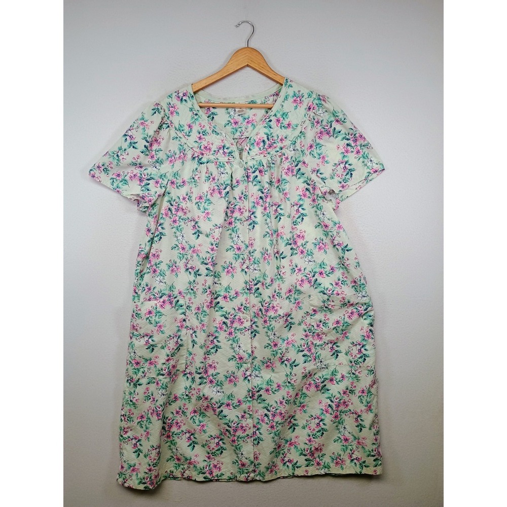 Cottagecore Lissome Lounge Womens 2X Green Floral Seersucker Snap House Dress